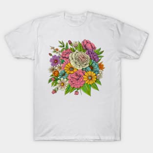 Roses and Colorful Flowers Pattern. Hand Drawn Floral Print T-Shirt